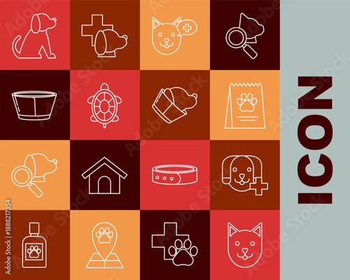Set line Cat, Veterinary clinic symbol, Bag of food for dog, Turtle, Protective cone collar, Dog and icon. Vector