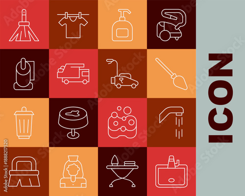 Set line Washbasin, Shower head, Handle broom, Bottle of liquid soap, Garbage truck, Toilet paper roll, and Lawn mower icon. Vector