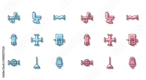 Set line Industry pipe and valve, Rubber plunger, metallic, Toilet urinal or pissoir, Gas boiler, Water filter and bowl icon. Vector