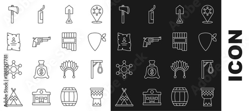 Set line Drum, Gallows, Cowboy bandana, Shovel, Revolver gun, Wanted western poster, Tomahawk axe and Pan flute icon. Vector