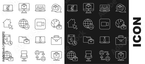 Set line Online working, Briefcase, Video chat conference, Freelancer, Mute microphone laptop and Camera icon. Vector