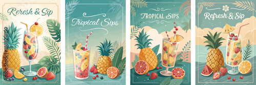 Colorful tropical drink illustrations featuring fresh fruits and refreshing vibes.