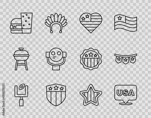 Set line American football goal post, USA Independence day, Shield with stars, Burger, Tourist binoculars, and Carnival garland flags icon. Vector