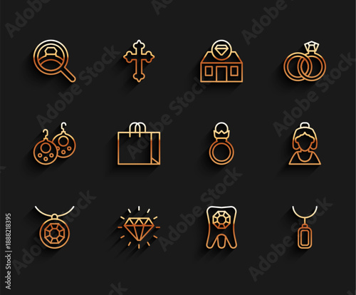 Set line Pendant on necklace, Diamond, engagement ring, Tooth with diamond, Shopping bag jewelry, Consultant of store and icon. Vector