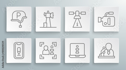 Set line Mobile recording, Antenna, Television report, Information, Breaking news, Satellite, Cinema camera and War journalist icon. Vector