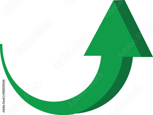 green curved arrow pointing upward showing u-turn return recovery and business comeback growth direction symbol isolated on white background.