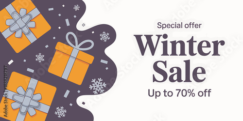 Winter Sale Banner with Gift Boxes and Snowflakes