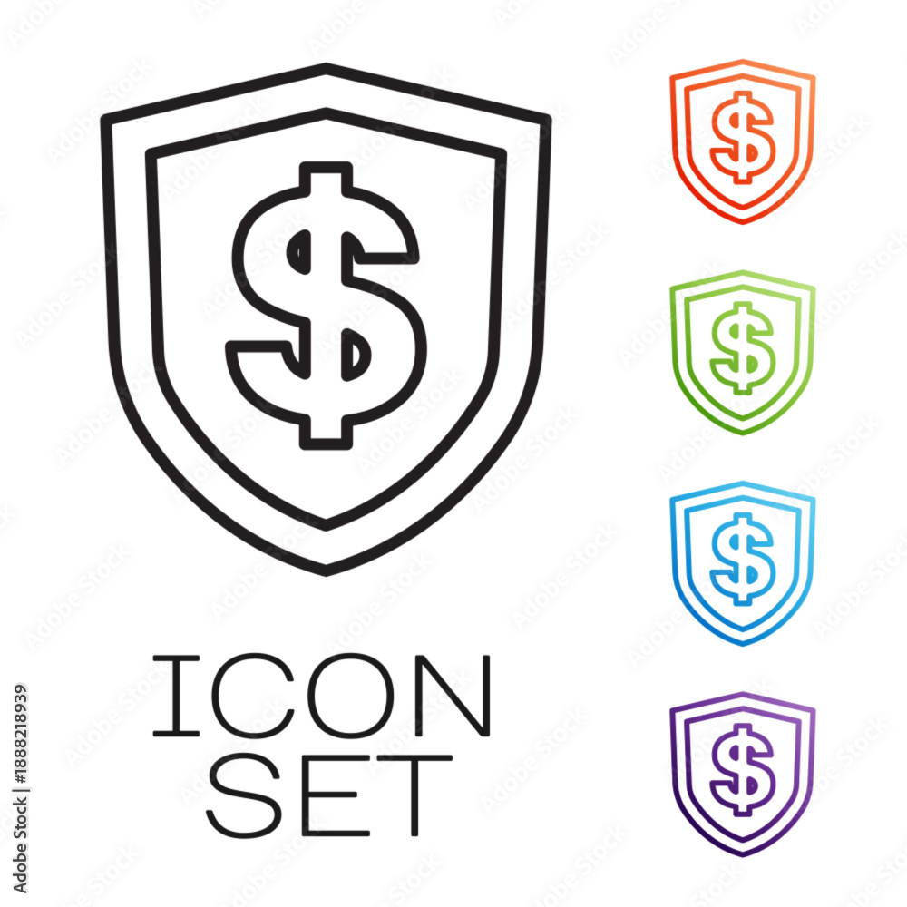 Obraz premium Black line Shield with dollar symbol icon isolated on white background. Security shield protection. Money security concept. Set icons colorful. Vector