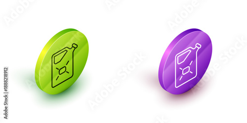 Isometric line Canister for flammable liquids icon isolated on white background. Oil or biofuel, explosive chemicals, dangerous substances. Green and purple circle buttons. Vector