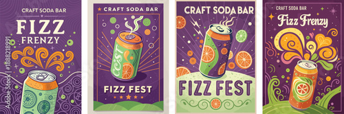 Colorful vintage craft soda bar posters featuring vibrant designs and playful typography.