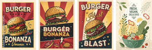 Colorful vintage burger and salad illustrations showcasing delightful culinary options.