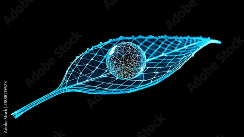 a spring raindrop on a leaf rendered in a futuristic 3D wireframe plexus style. This high-tech botanical vector represents the intersection of ecology and digital innovation.