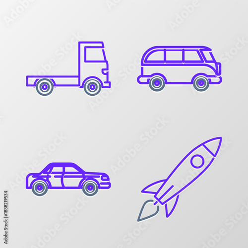 Set line Rocket ship with fire, Sedan car, Retro minivan and Delivery cargo truck vehicle icon. Vector