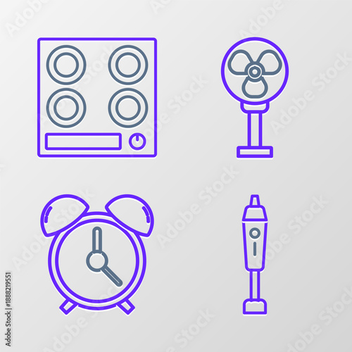 Set line Blender, Alarm clock, Electric fan and Gas stove icon. Vector