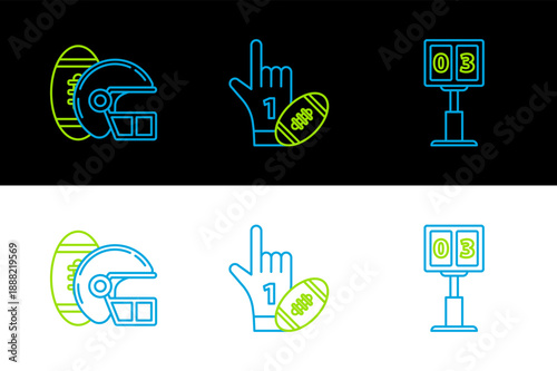 Set line Sport football mechanical scoreboard and result display, American Football helmet and Number 1 one fan hand glove with finger raised american icon. Vector