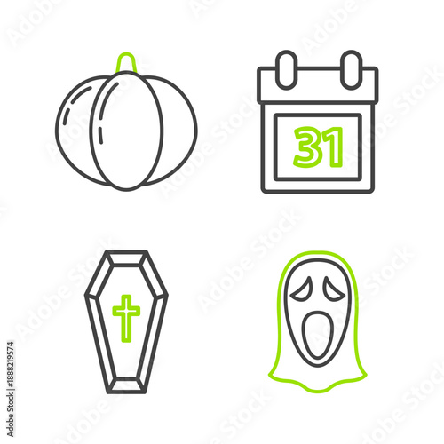 Set line Funny and scary ghost mask for Halloween, Coffin with christian cross, Calendar date 31 october and Pumpkin icon. Vector
