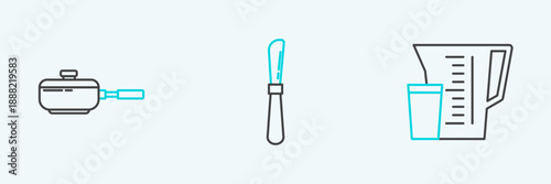 Set line Measuring cup, Frying pan and Knife icon. Vector