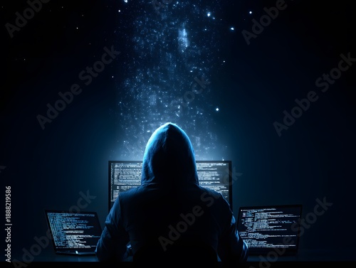 Hacker at Night Working on Multiple Screens with Digital Particles