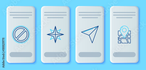 Set line Wind rose, Paper airplane, Stop sign and Folded map with location marker icon. Vector