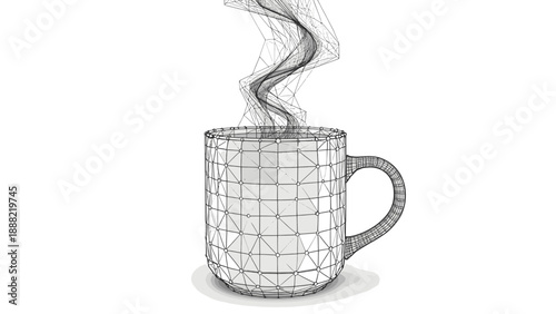 a cozy coffee mug with steam, rendered in a futuristic 3D wireframe plexus style. This black and white vector concept blends traditional winter comfort with modern artificial intelligence aesthetics. 