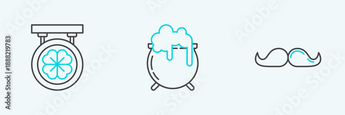 Set line Mustache, Street signboard with four leaf clover and Witch cauldron icon. Vector