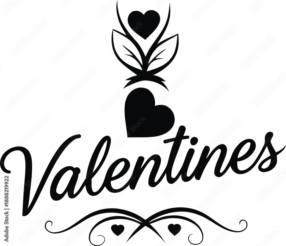 Fototapeta premium Black and white elegant valentines day typography design with heart shapes and decorative floral leaf elements for romantic greeting cards on white.
