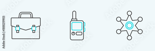 Set line Hexagram sheriff, Briefcase and Walkie talkie icon. Vector