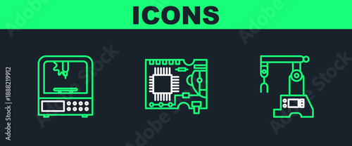 Set line Assembly line, 3D printer and Printed circuit board PCB icon. Vector