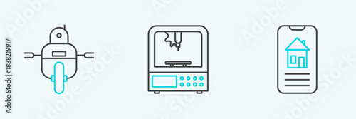 Set line Smart home, Robot and 3D printer icon. Vector