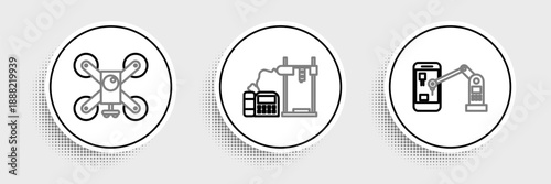 Set line Industrial machine robotic robot arm hand, Drone flying with action camera and 3D printer icon. Vector