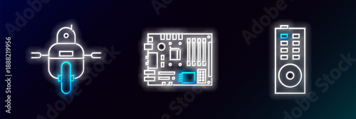 Set line Remote control, Robot and Electronic computer components motherboard digital chip icon. Glowing neon. Vector