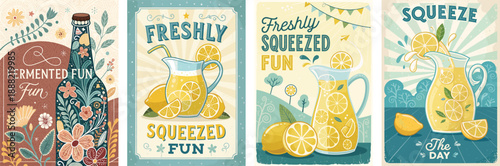 Colorful vintage illustrations of lemonade, emphasizing fun and freshness.