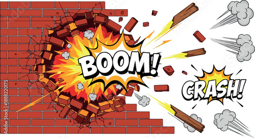 Comic Book Explosion Brick Wall Destruction Illustration with BOOM and CRASH Sound Effects