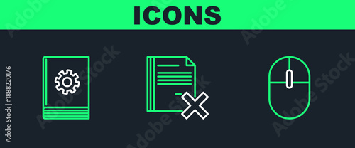 Set line Computer mouse, User manual and Delete file document icon. Vector