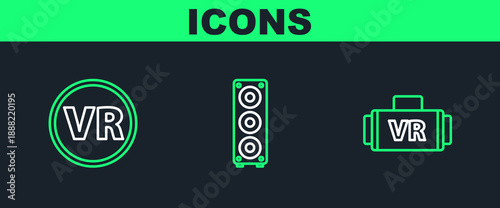 Set line Virtual reality glasses, and Stereo speaker icon. Vector