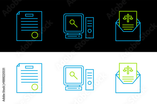 Set line Subpoena, The arrest warrant and Search on computer screen icon. Vector