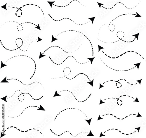 Set of modern arrows with dotted lines and sharp tips