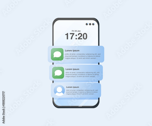 Pop-up push notification template on smartphone screen, vector illustration. Smartphone notification center template