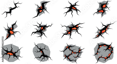 Fractured Surface Design A Collection of Artistic Cracked Elements with Red Interior