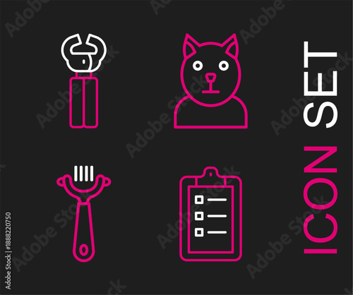 Set line Grooming salon price list, Hair brush for dog and cat, Cat and Pet nail clippers icon. Vector