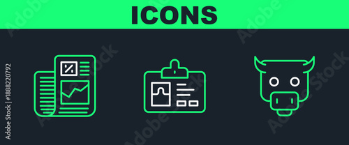 Set line Bull market, Business finance report and Identification badge icon. Vector