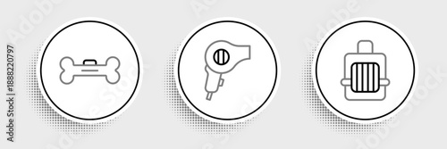 Set line Pet carry case, Dog bone and Hair dryer icon. Vector