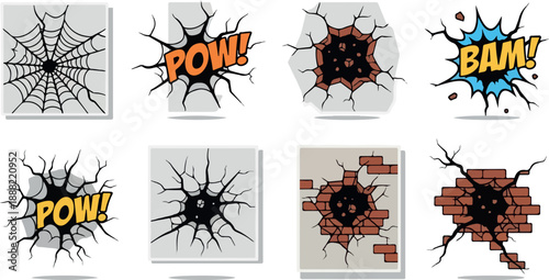 Comic Book Burst and Crack Effects Pow, Bam, and Spiderweb Design Elements