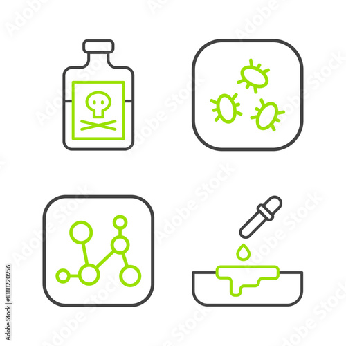 Set line Petri dish with pipette, Chemical formula, Bacteria and Poison in bottle icon. Vector