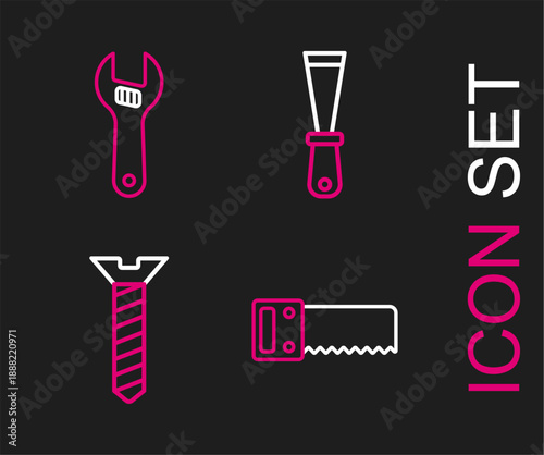 Set line Hand saw, Metallic screw, Putty knife and Adjustable wrench icon. Vector