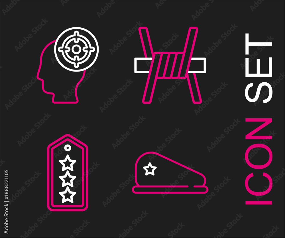 Fototapeta premium Set line Military beret, rank, Barbed wire and Target sport icon. Vector