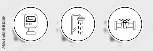 Set line Industry metallic pipe, Pressure water meter and Shower icon. Vector
