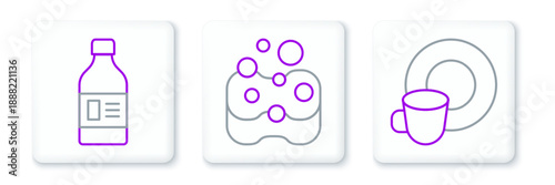 Set line Washing dishes, Bottle for cleaning agent and Sponge icon. Vector