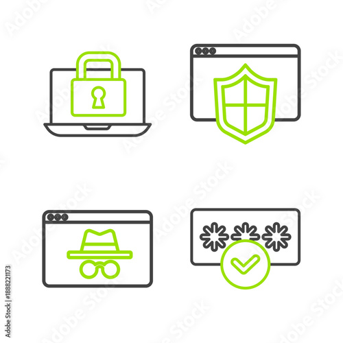 Set line Password protection, Browser incognito window, with shield and Laptop and lock icon. Vector