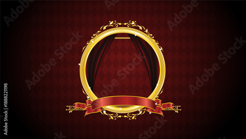 Premium red and gold oval frame with burgundy silk curtains and a red satin ribbon or banner against a deep red diamond textured background with bright sparkling highlights